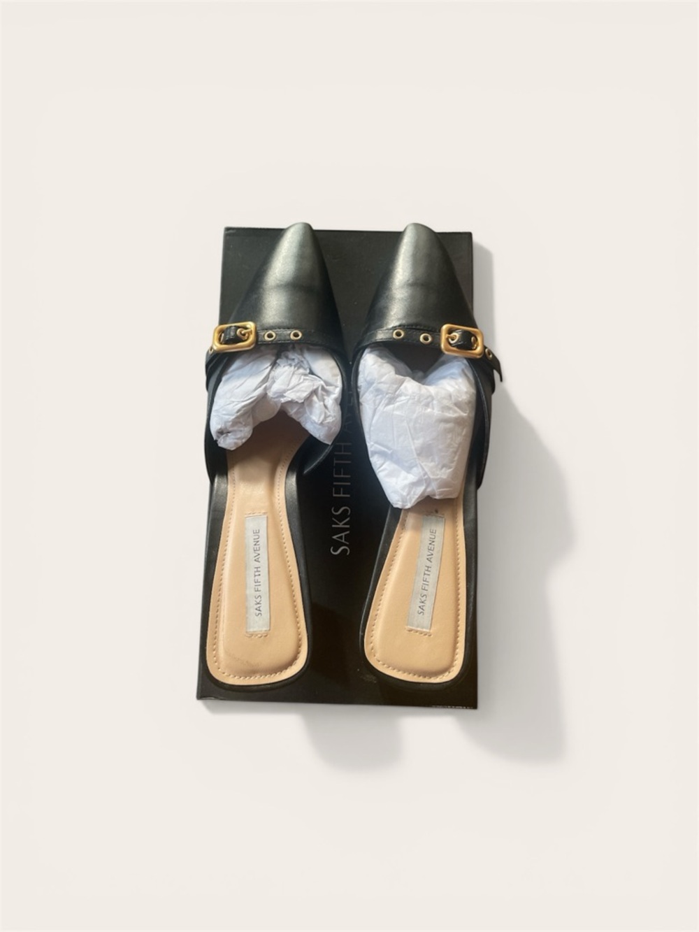 Saks Fifth Avenue Black Pointed Leather Slip-On Mules with Gold Buckle Detail